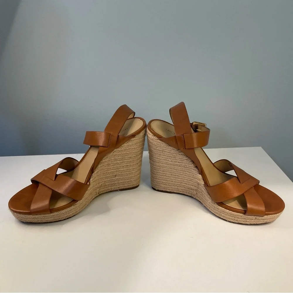 Michael Kors Tan Leather Espadrille Wedge Sandals Size 9